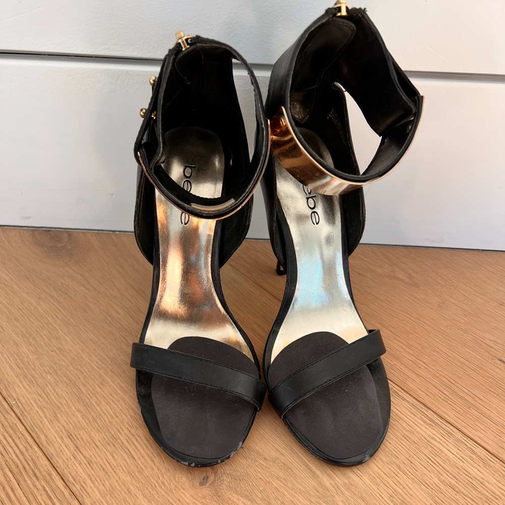 Bebe Gold Accent ankle strap heels